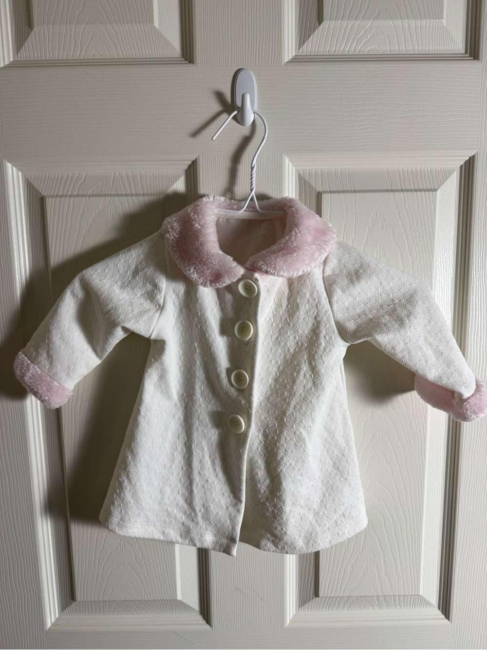 White Coat with Pink Faux-Fur Trim